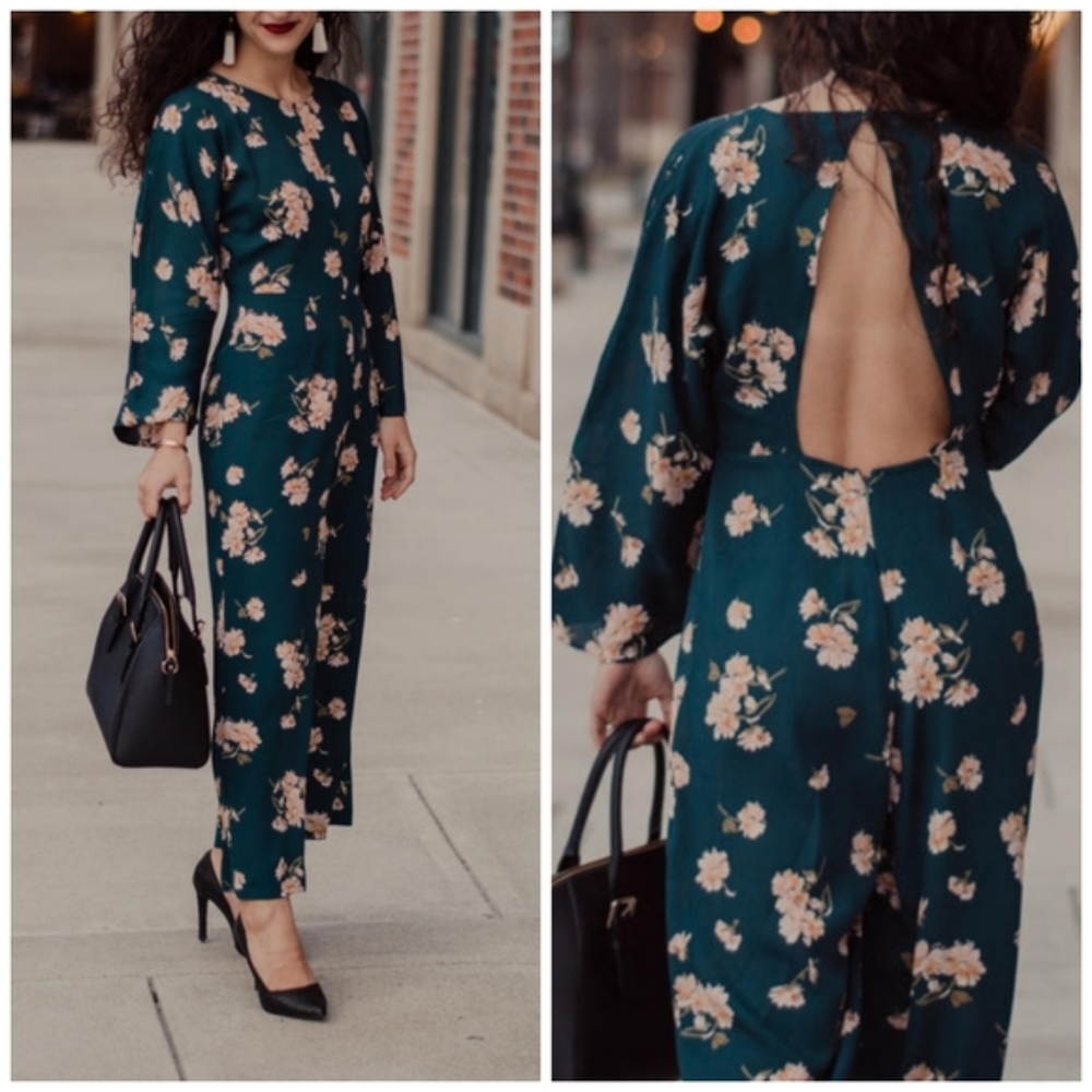 Emerald Floral Backless Jumpsuit | Top Shop